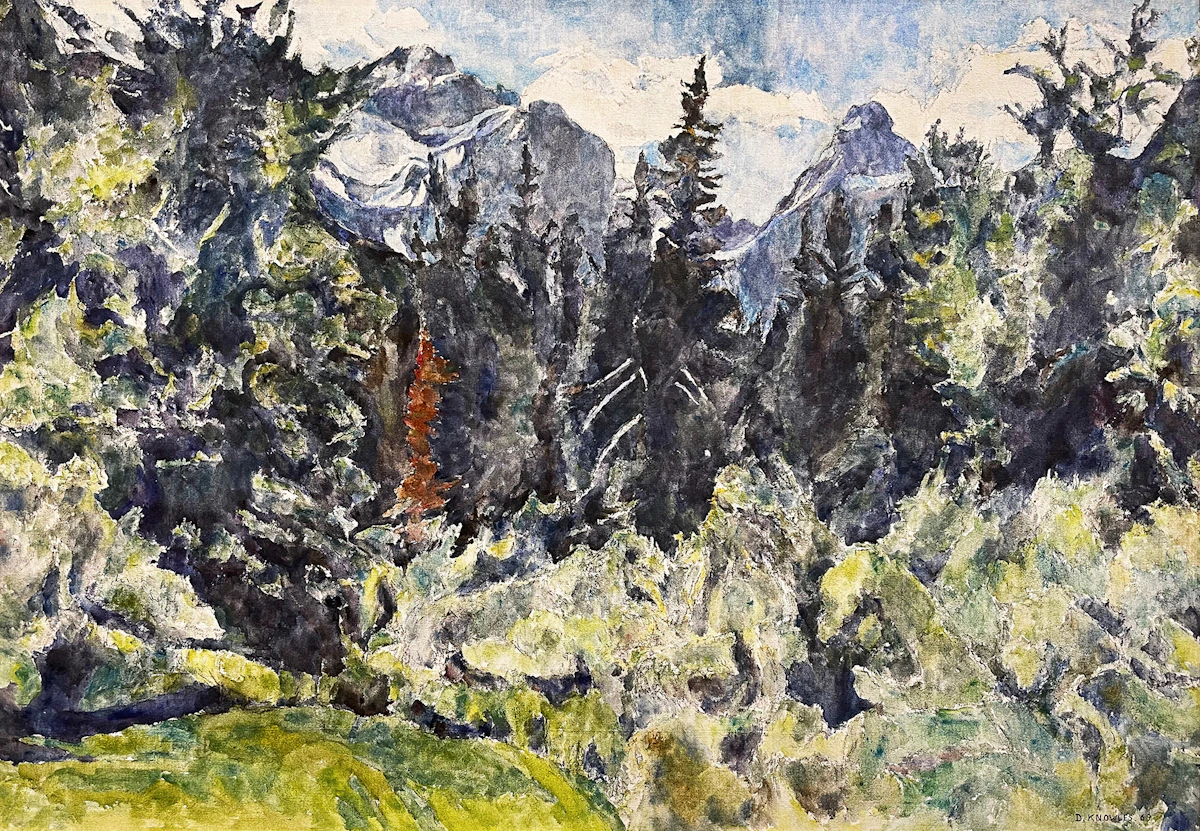 Dorothy Elsie Knowles, Landscape with Trees and Mountains, acrylic on canvas, 1969