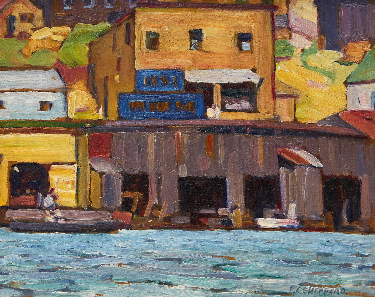 Peter Clapham Sheppard, Boathouses, Parry Sound, oil on board