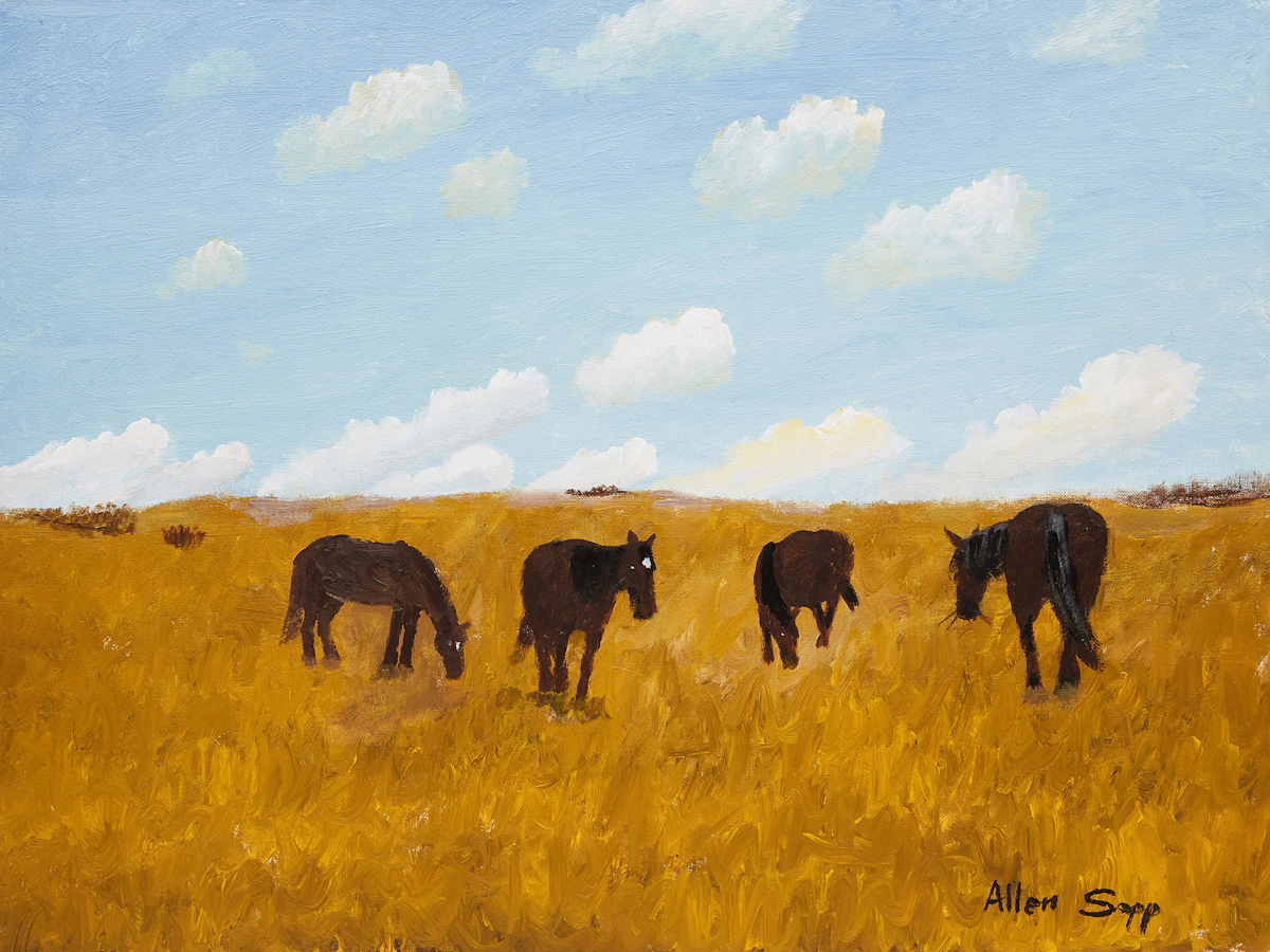 Allen Sapp, Horses in the Field, acrylic on canvas