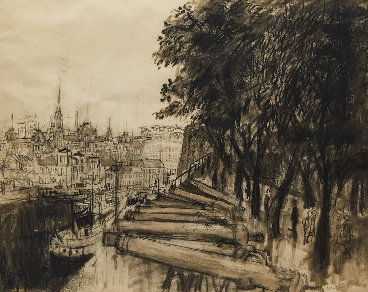 Molly Lamb Bobak, Akershus, Oslo, charcoal on paper, 1960
