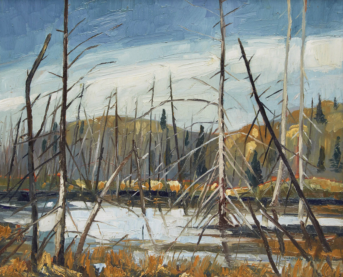 John A. Palmer, Swamp North of Huntsville (7 Miles); Muskoka Cabin; Old Barn North of Huntsville; Adelaide St W., Toronto, Four oil on boards
