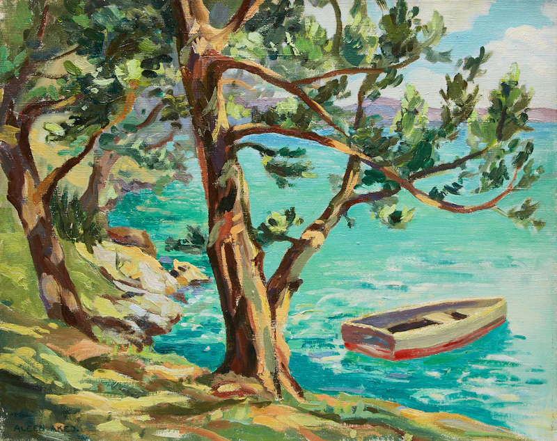 Rowboat by the Shore; Two Sailboats in an Inlet by Aleen Elizabeth Aked