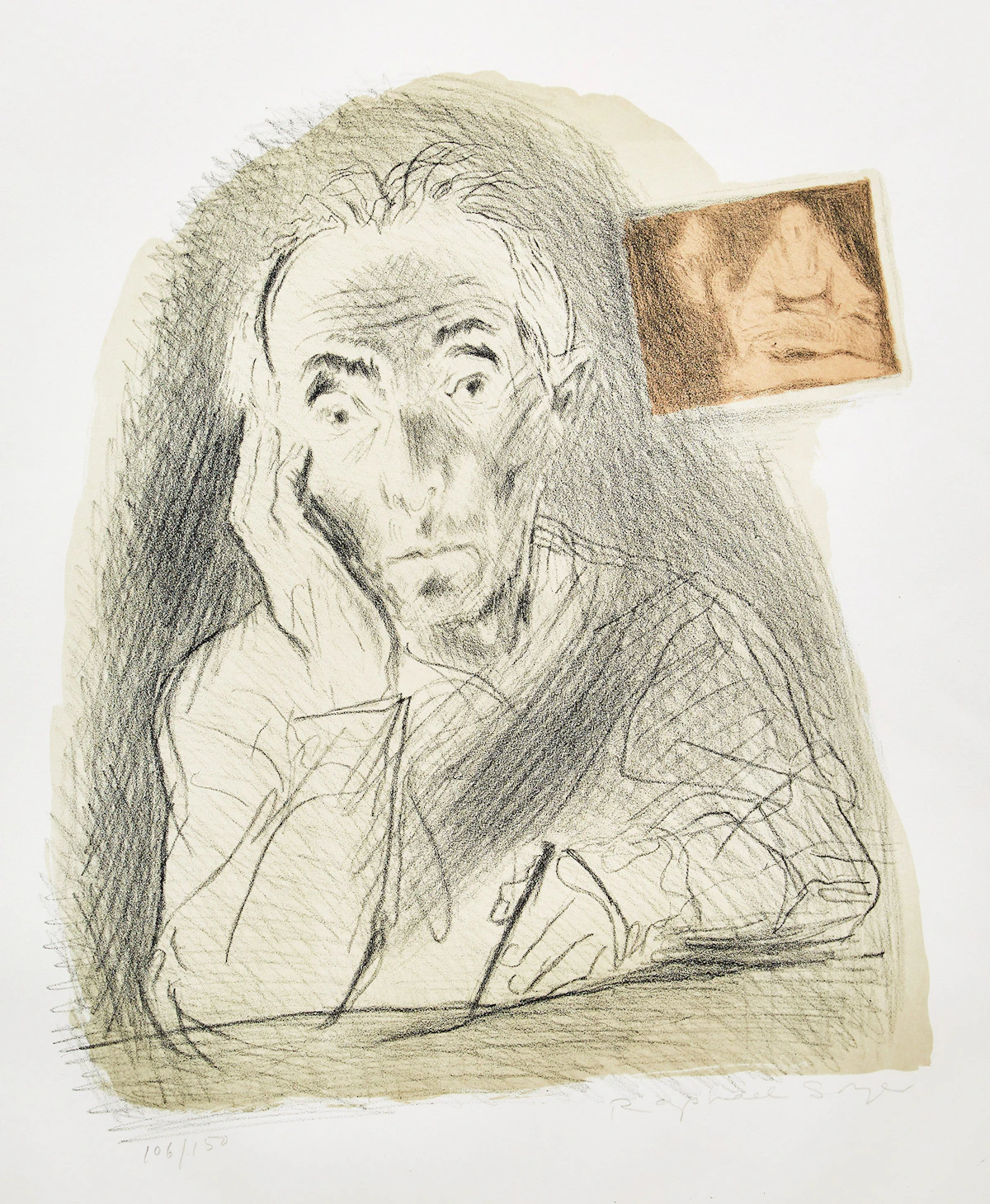 Raphael  Soyer, Self-Portrait (from Memories), colour lithograph