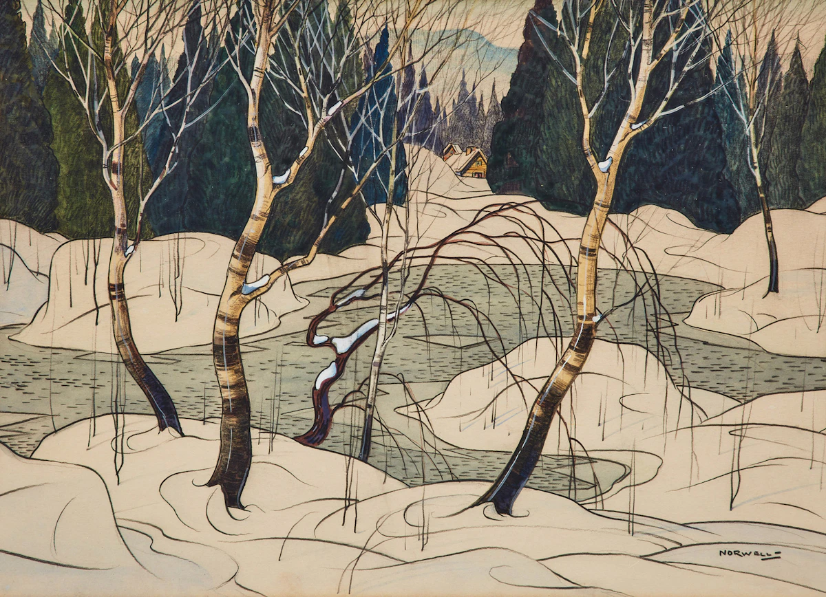Graham Noble Norwell, Birches in Winter, watercolour