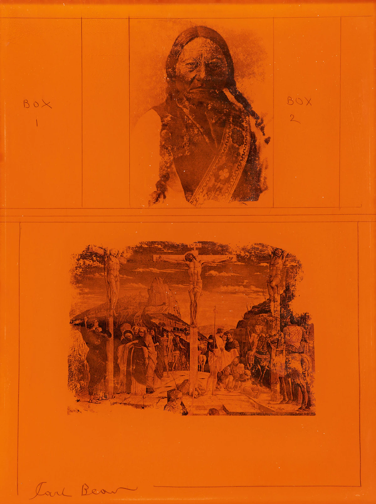 Carl Beam, Crucifixion; 14 Cent Stamp, 2 mixed media works on plexiglass