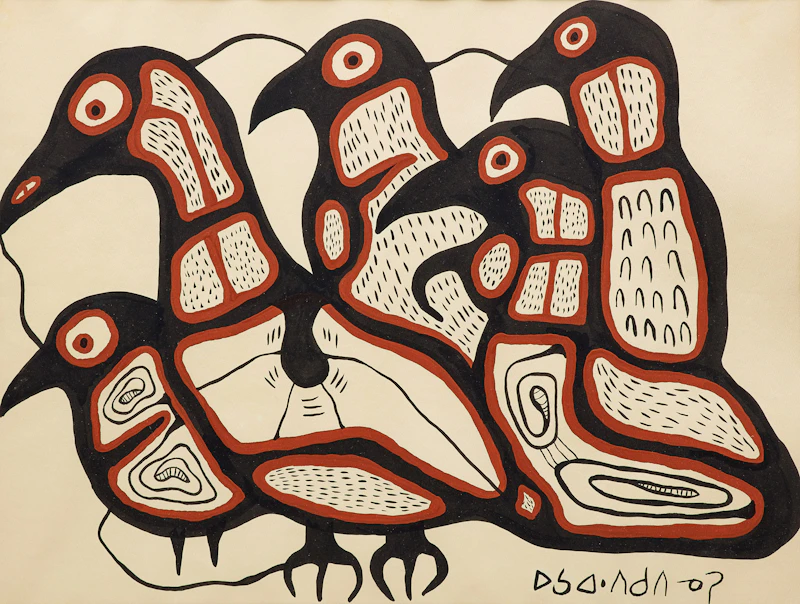 Norval Morrisseau, Group of Loons, tempera on paper