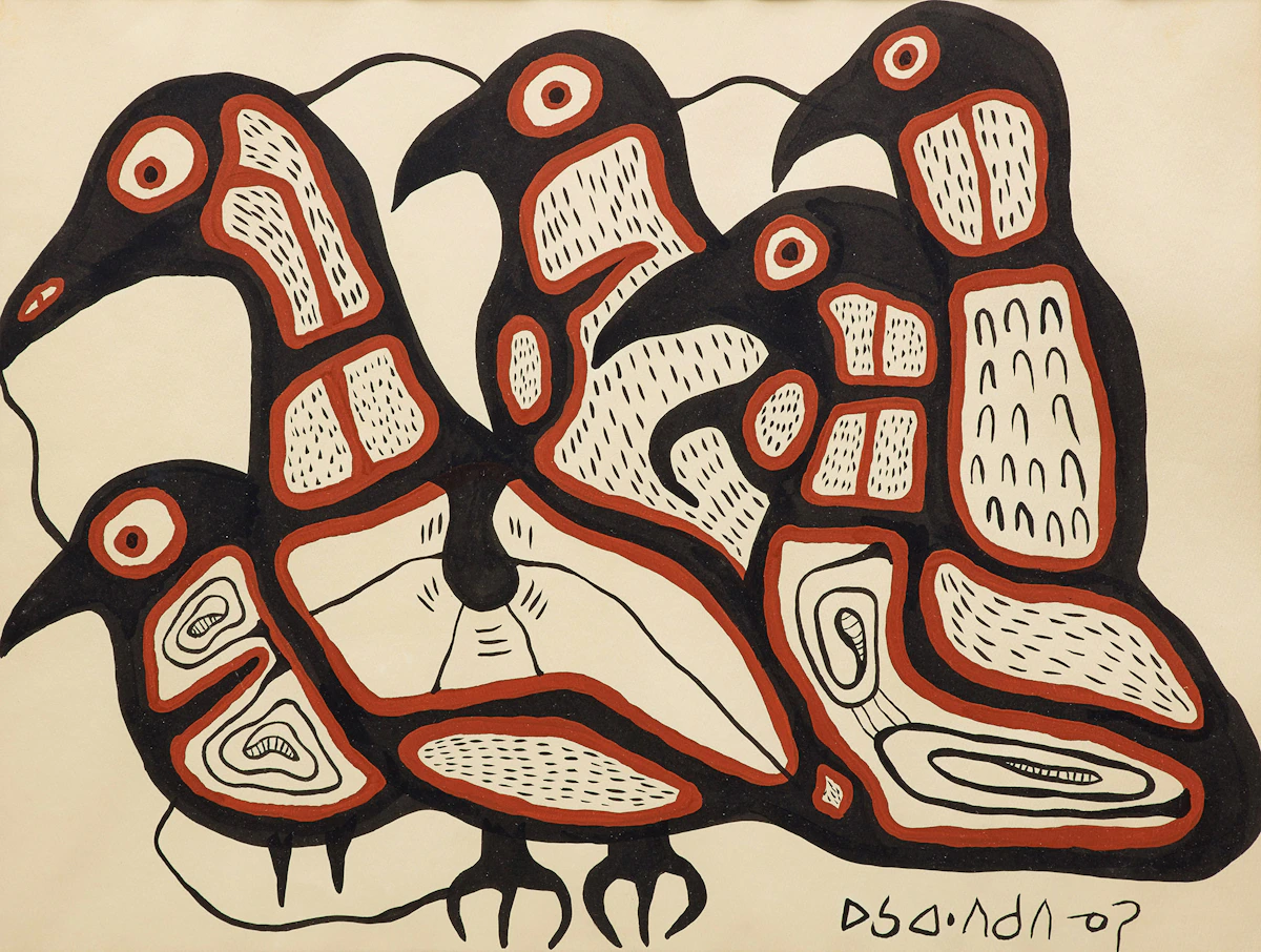 Norval Morrisseau, Group of Loons, tempera on paper, 1968