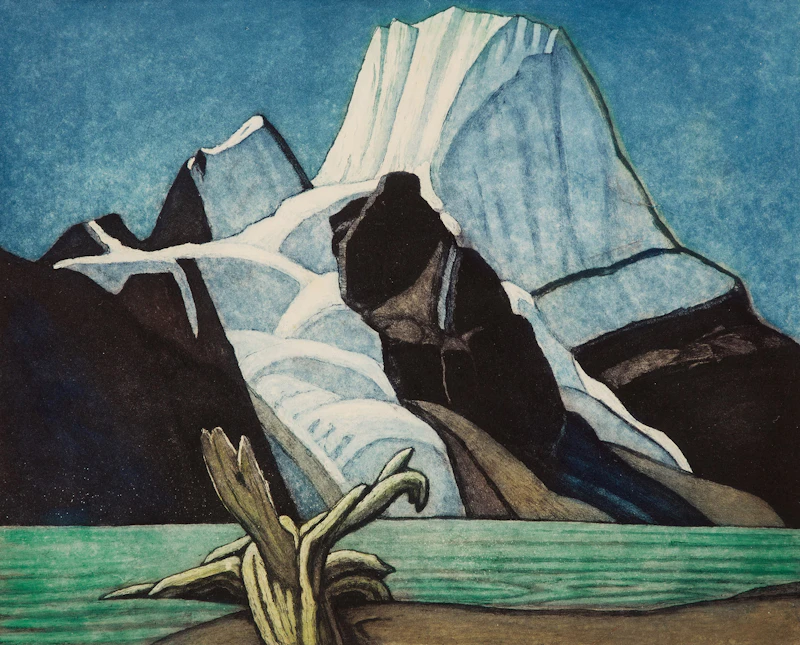 Nicholas Hornyansky, Mt. Robson from Berg Lake (after Lawren Harris), aquatint in colours