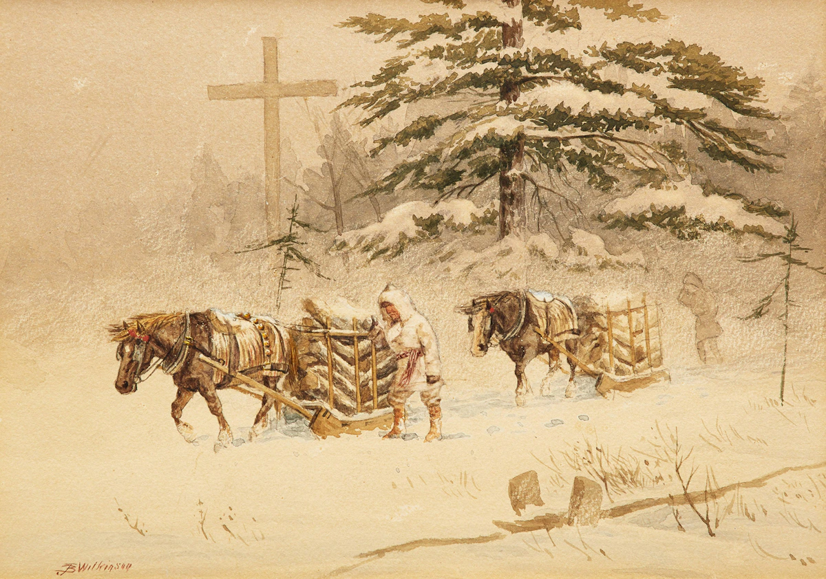 John B. Wilkinson, Two Horse-Drawn Sleighs Hauling Logs Past a Wayside Cross, watercolour on paper