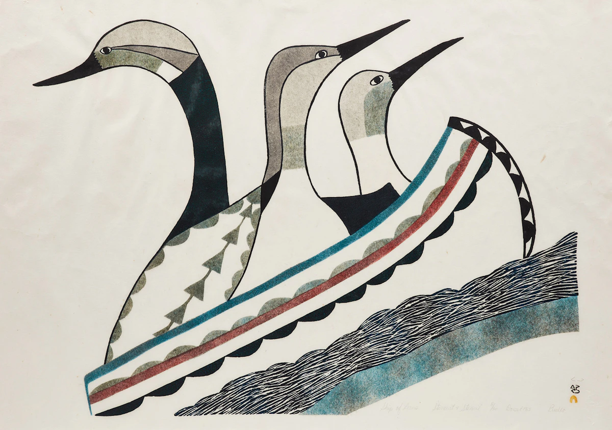 Pudlo Pudlat, Ship of Loons, stonecut, 1983
