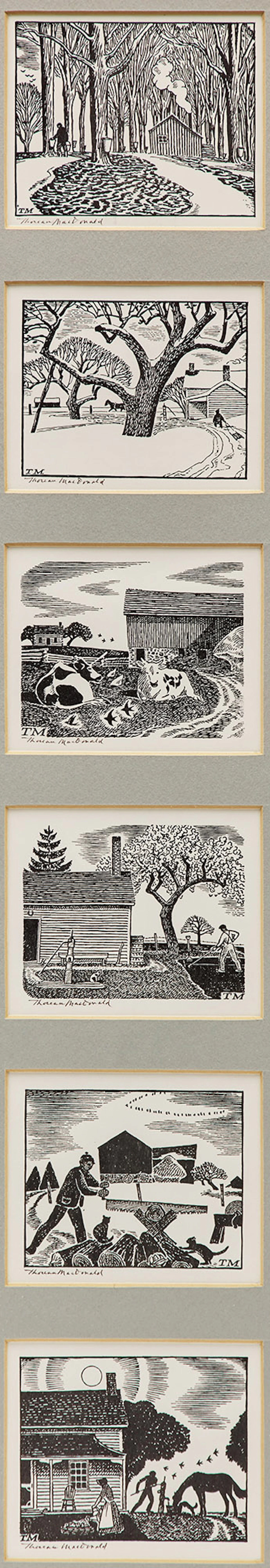 Thoreau MacDonald, Untitled, Farm Scenes, six woodcuts (framed together)