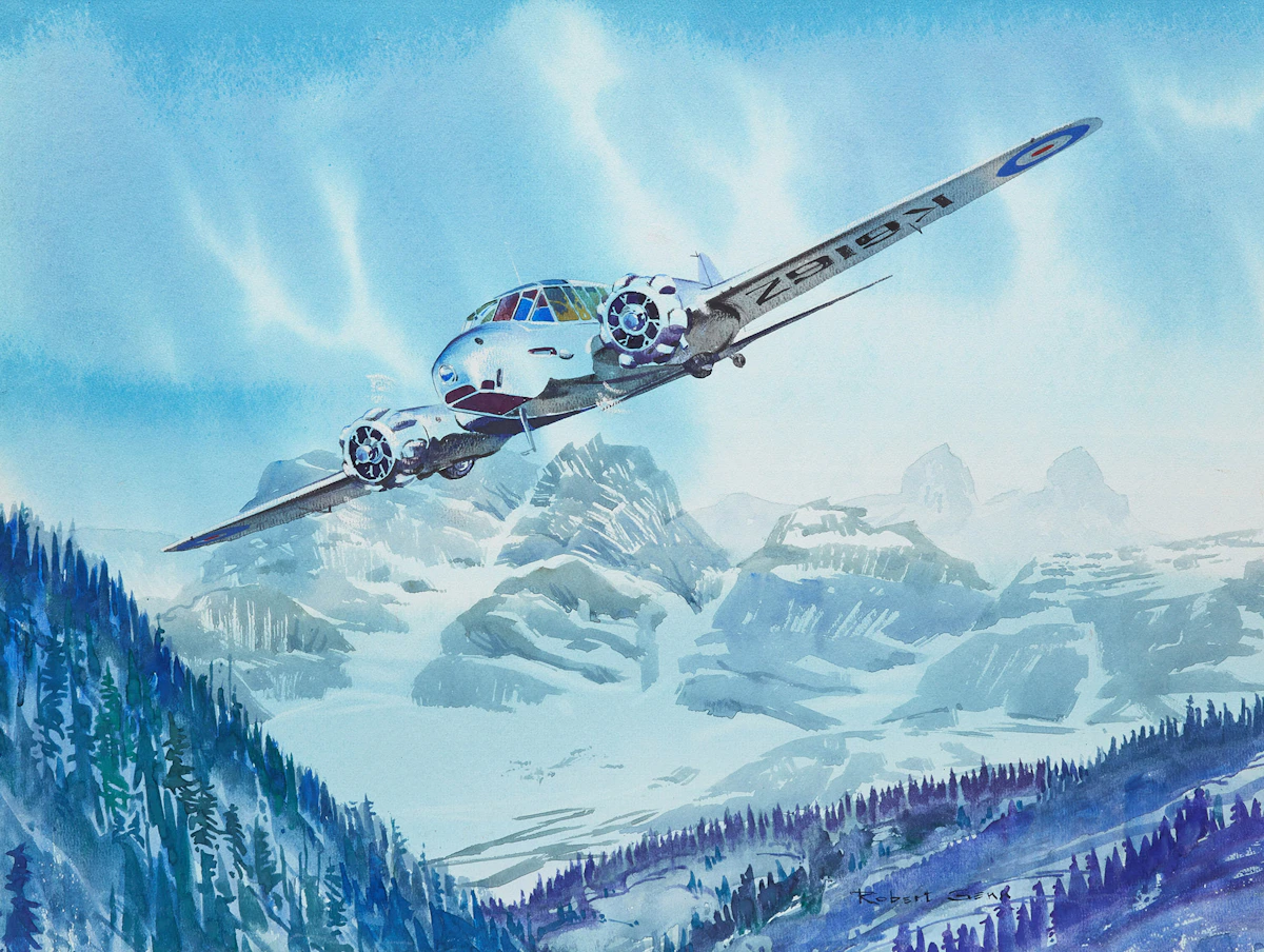 Robert Genn, Avro "Anson" Over North Shore Mountains, watercolour on paper board, 1971