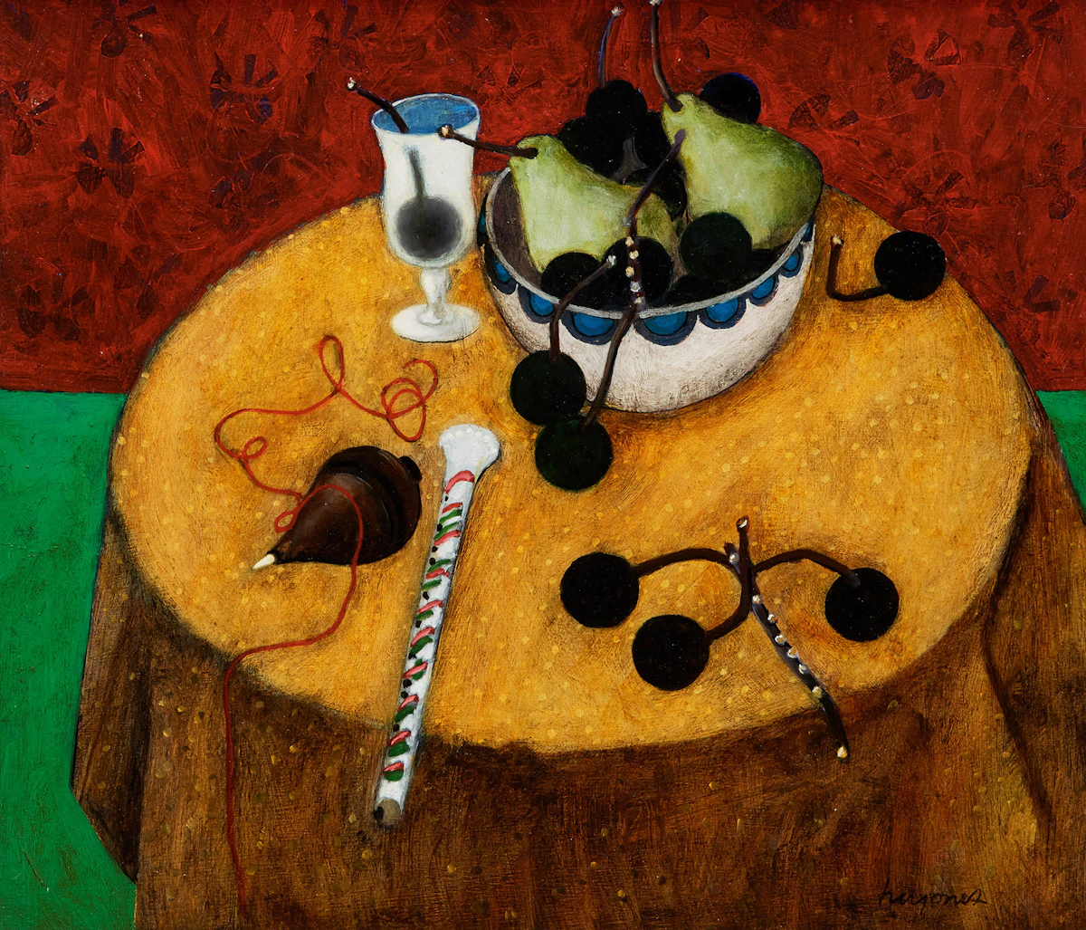 Henry Wanton  Jones, Yellow-Topped Table, Pears and Grapes in Bowl , oil on board