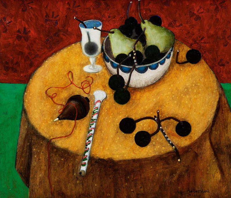Yellow-Topped Table, Pears and Grapes in Bowl by Henry Wanton Jones