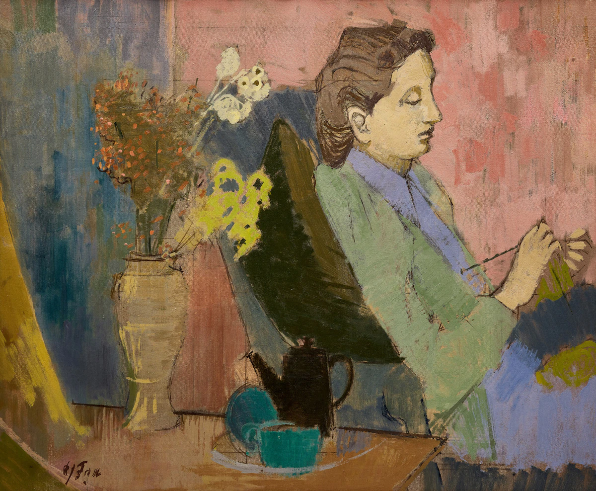 John Richard Fox, Woman Knitting, oil on canvas