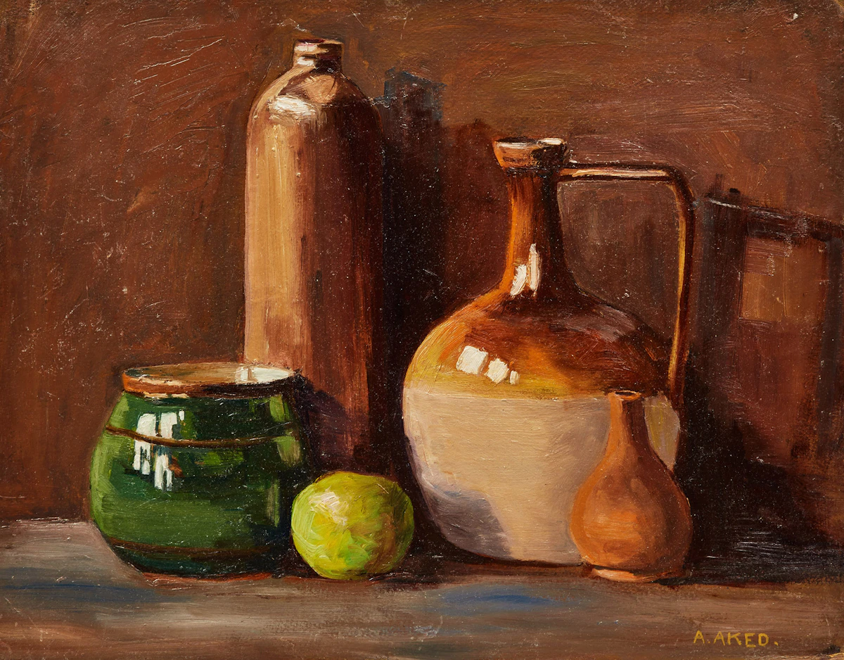 Aleen Elizabeth Aked, Still Life with Jugs and Fruit; Still Life with Oranges and Orange Tree, two oils on board