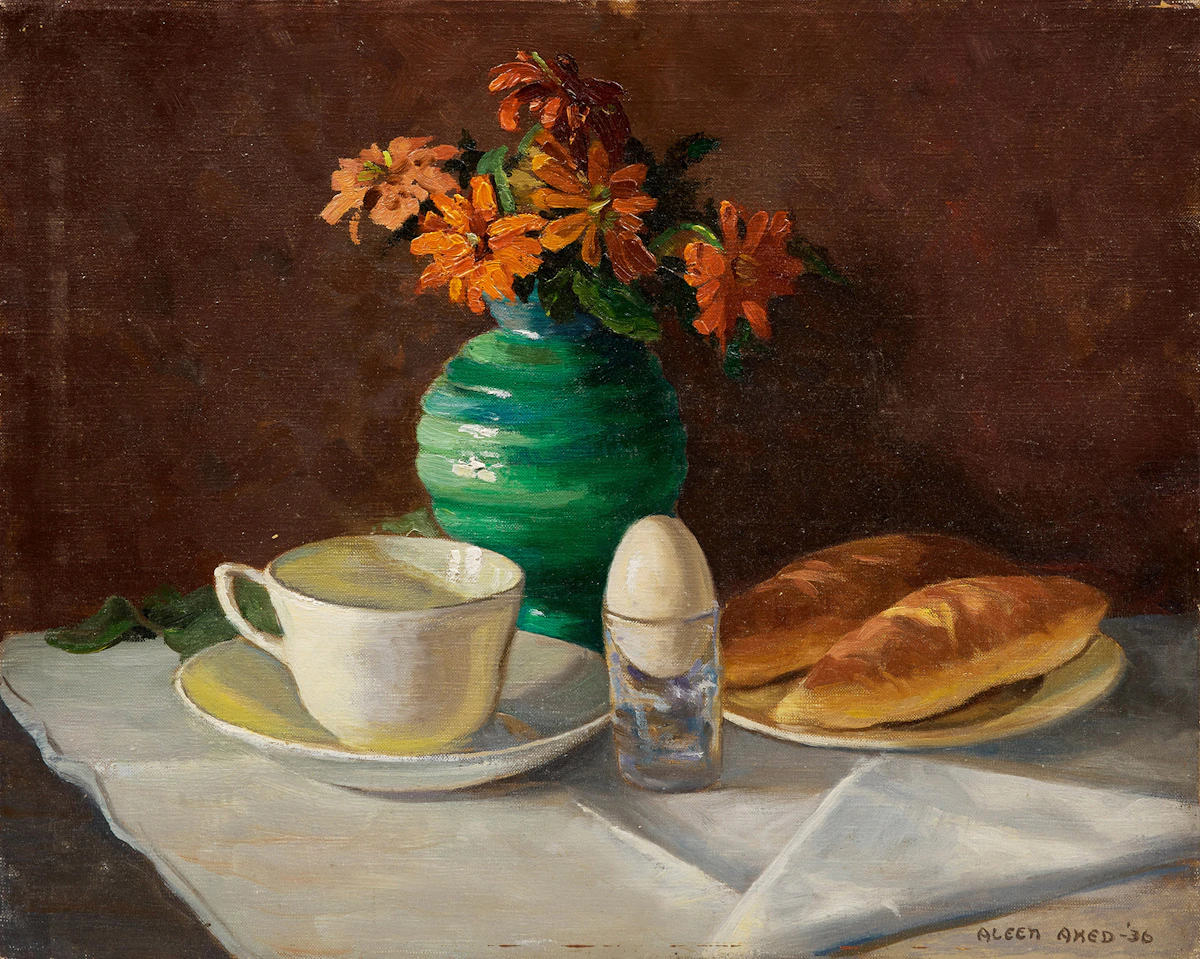 Aleen Elizabeth Aked, Still Life with Egg and Teacup, oil on canvas, 1936