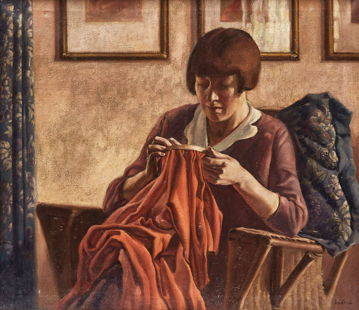 Lawrence Arthur Colley Panton, Lady Crocheting, oil on canvas