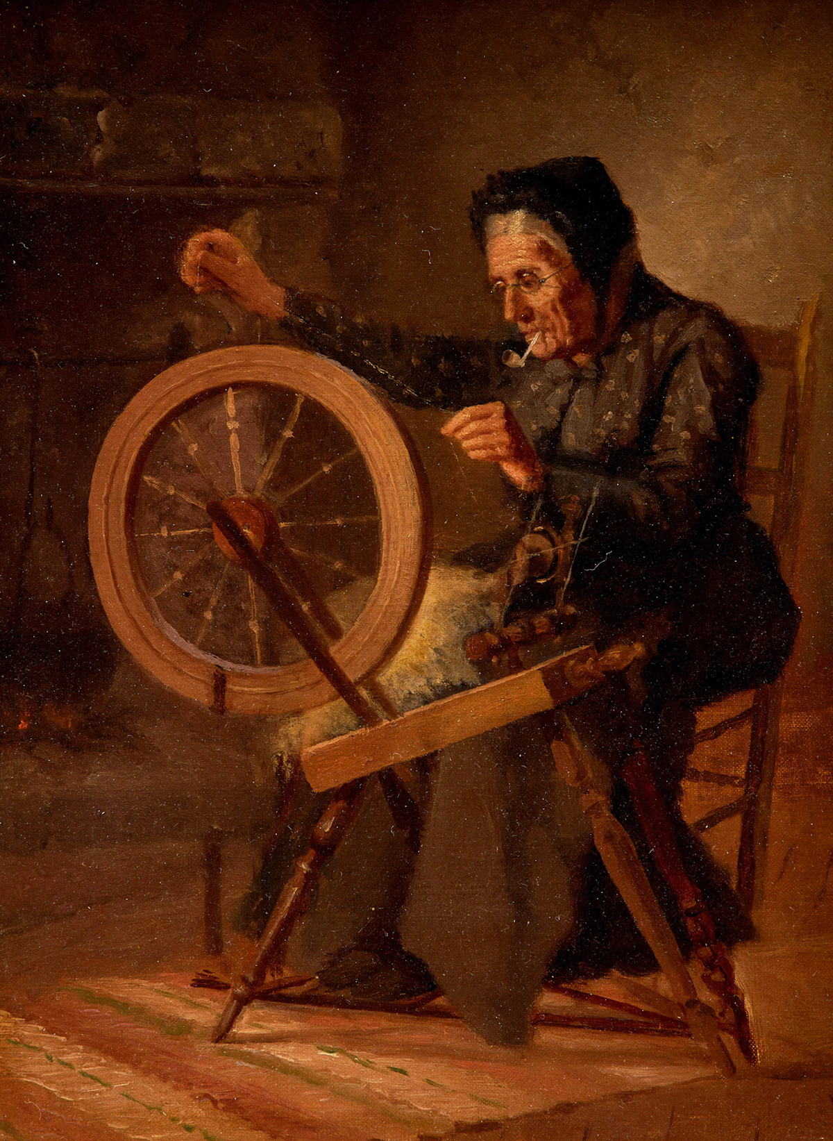 William Raphael, Old Lady Spinning, oil on canvas