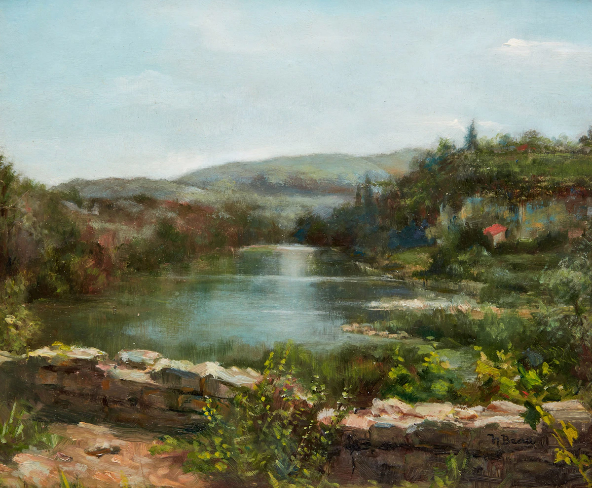 Henri Beau, Paysage d’été, Lac d’Europe, oil on board