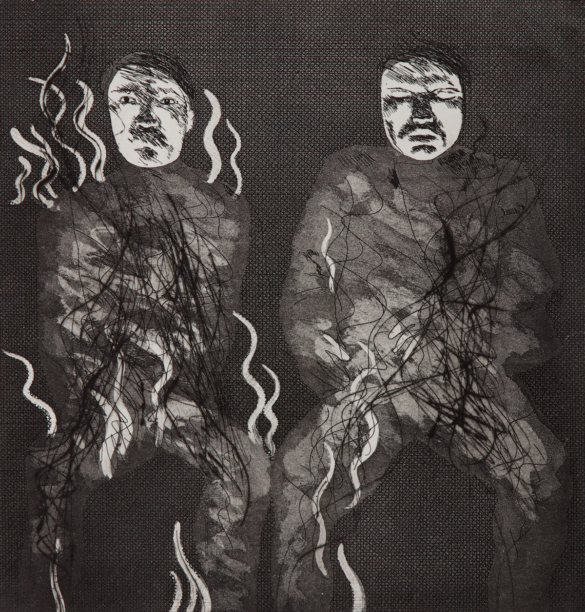 David Hockney, Corpses on Fire, etching, 1969