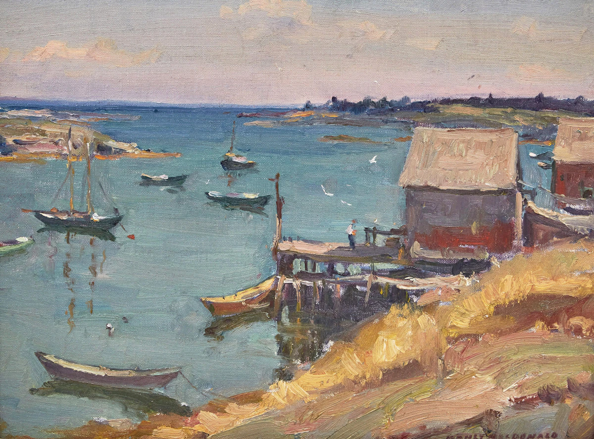 Manly Edward MacDonald, Boats in Bay, oil on canvas laid down on board