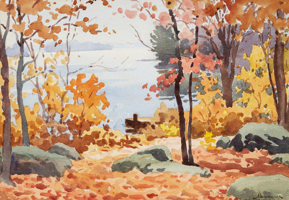 Arthur Drummond, Autumn Woods with Distant View of Old Woman Island, watercolour