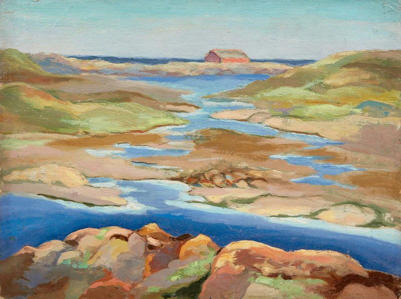Streams, Pools and Red Barn (Low Tide); Stormy Seas Off a Rocky Coast; Horse Grazing on Rolling Hills; Summer View by Aleen Elizabeth Aked