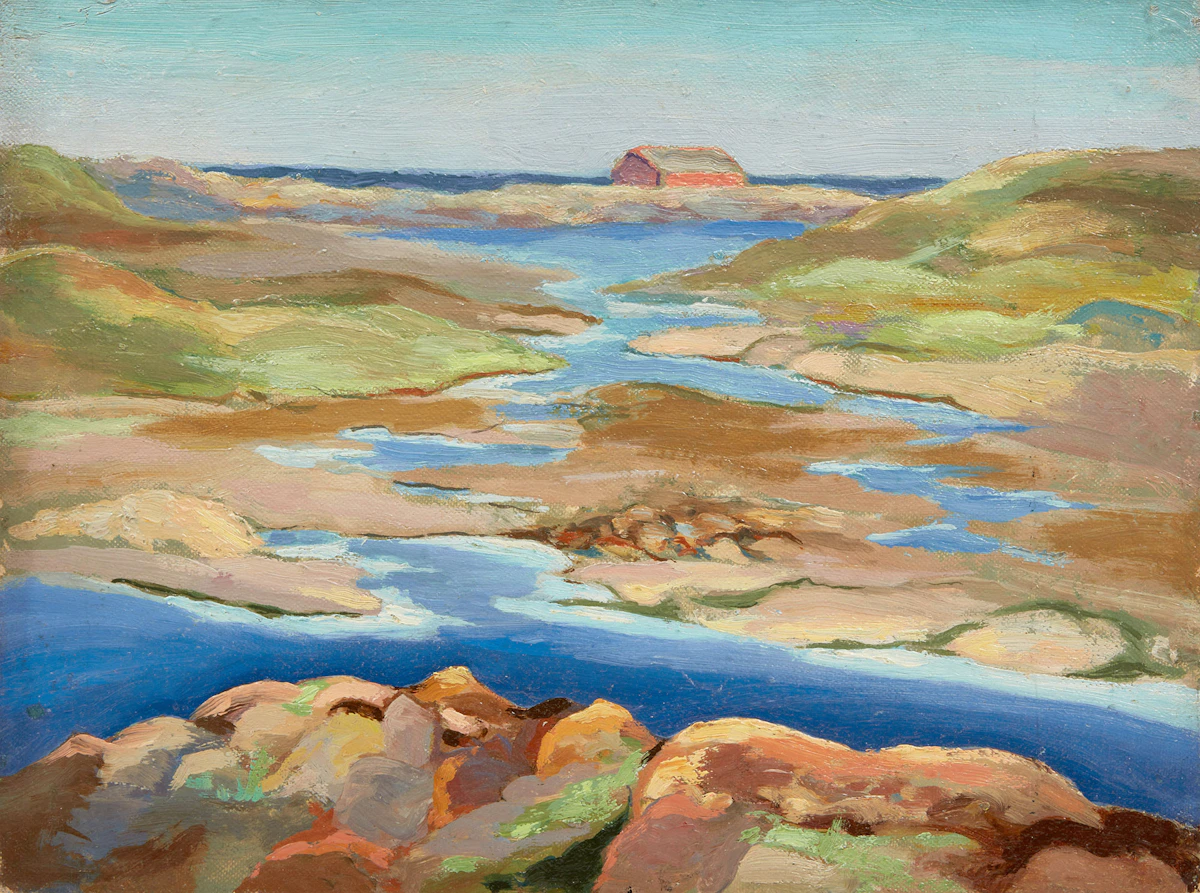 Aleen Elizabeth Aked, Streams, Pools and Red Barn (Low Tide); Stormy Seas Off a Rocky Coast; Horse Grazing on Rolling Hills; Summer View, four oils on board