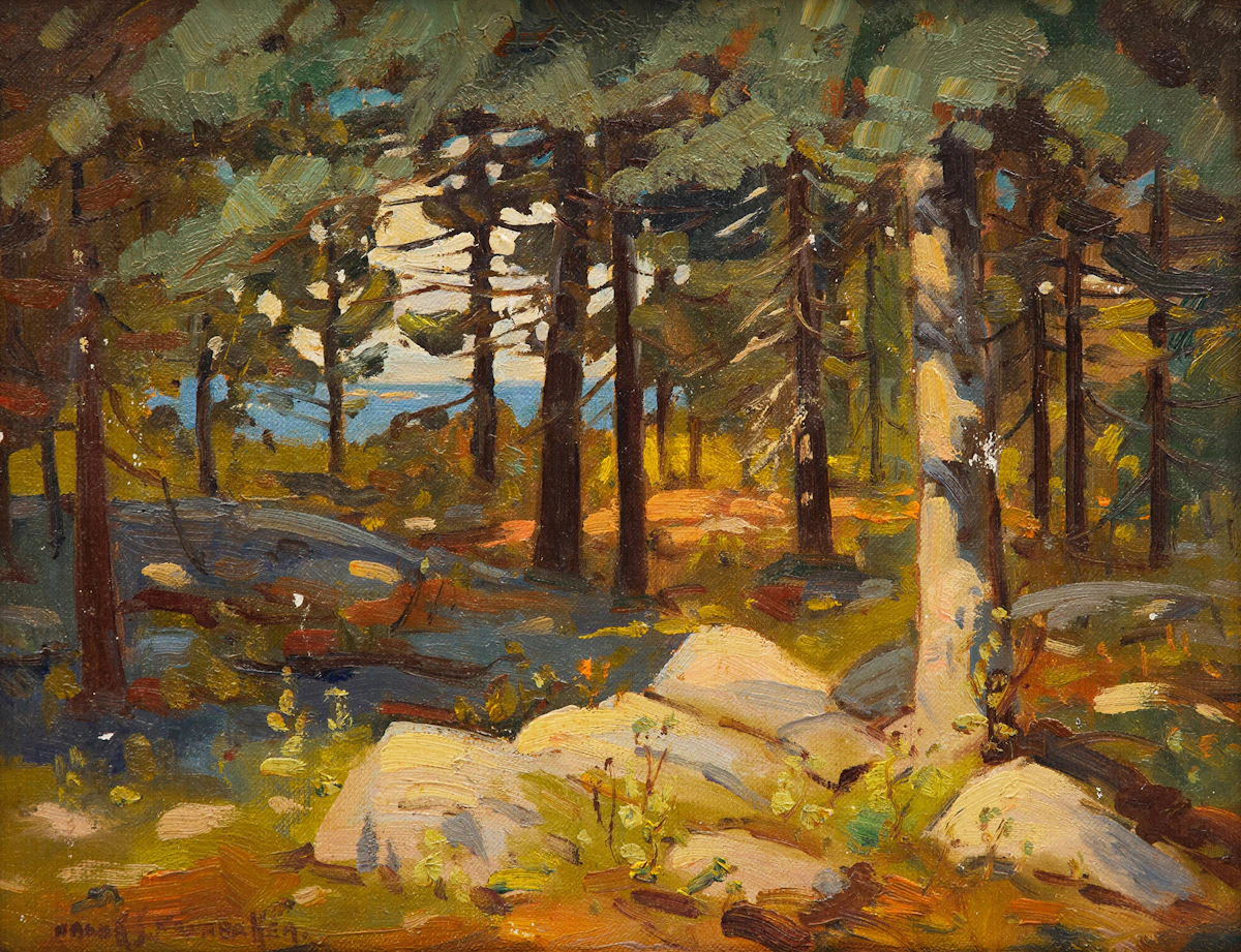 Frank Shirley Panabaker, Lake and Trees, oil on canvas laid down on board