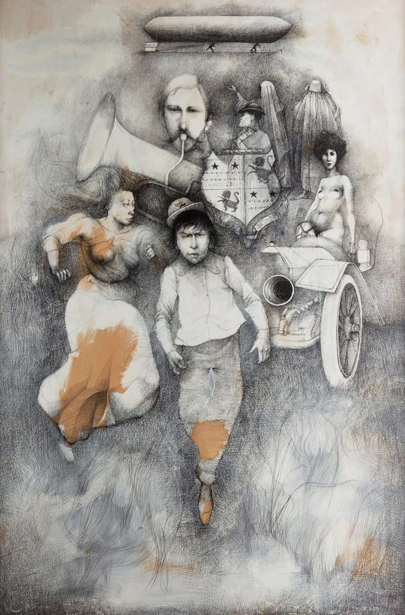 John Gould, Surreal Figures, conté and gesso on paper