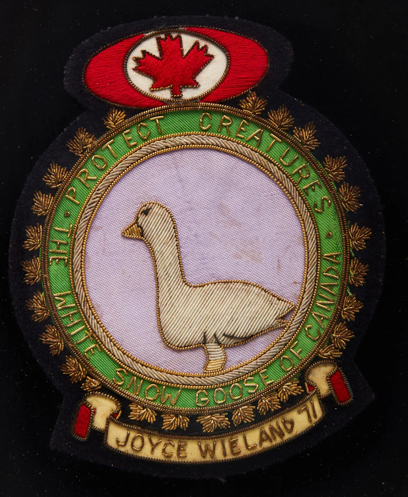 Joyce Wieland, White Snow Goose of Canada Crest, mixed media sewn crest and book