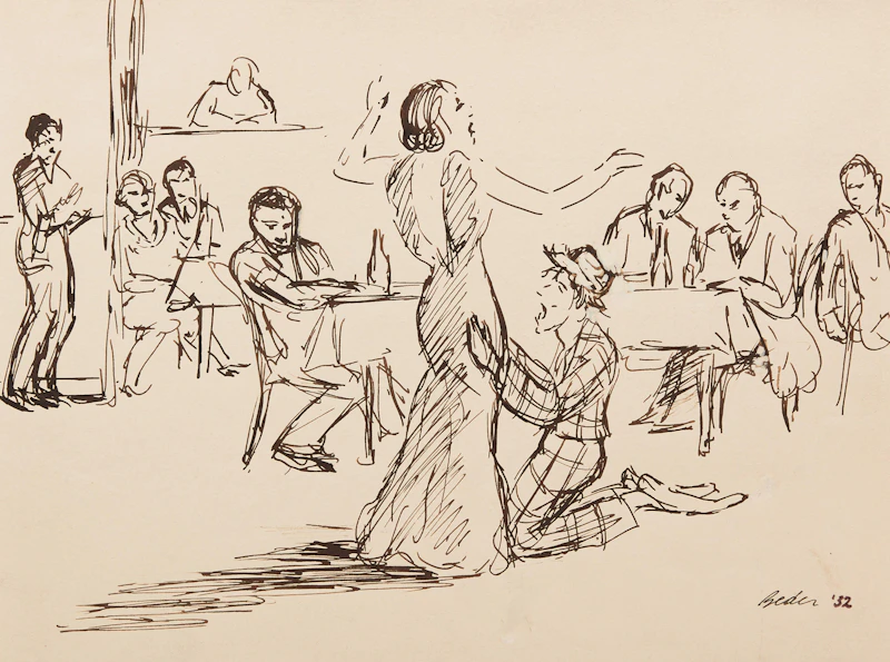 Jack Beder, Singer & Clown, Silver Door Cafe, ink drawing