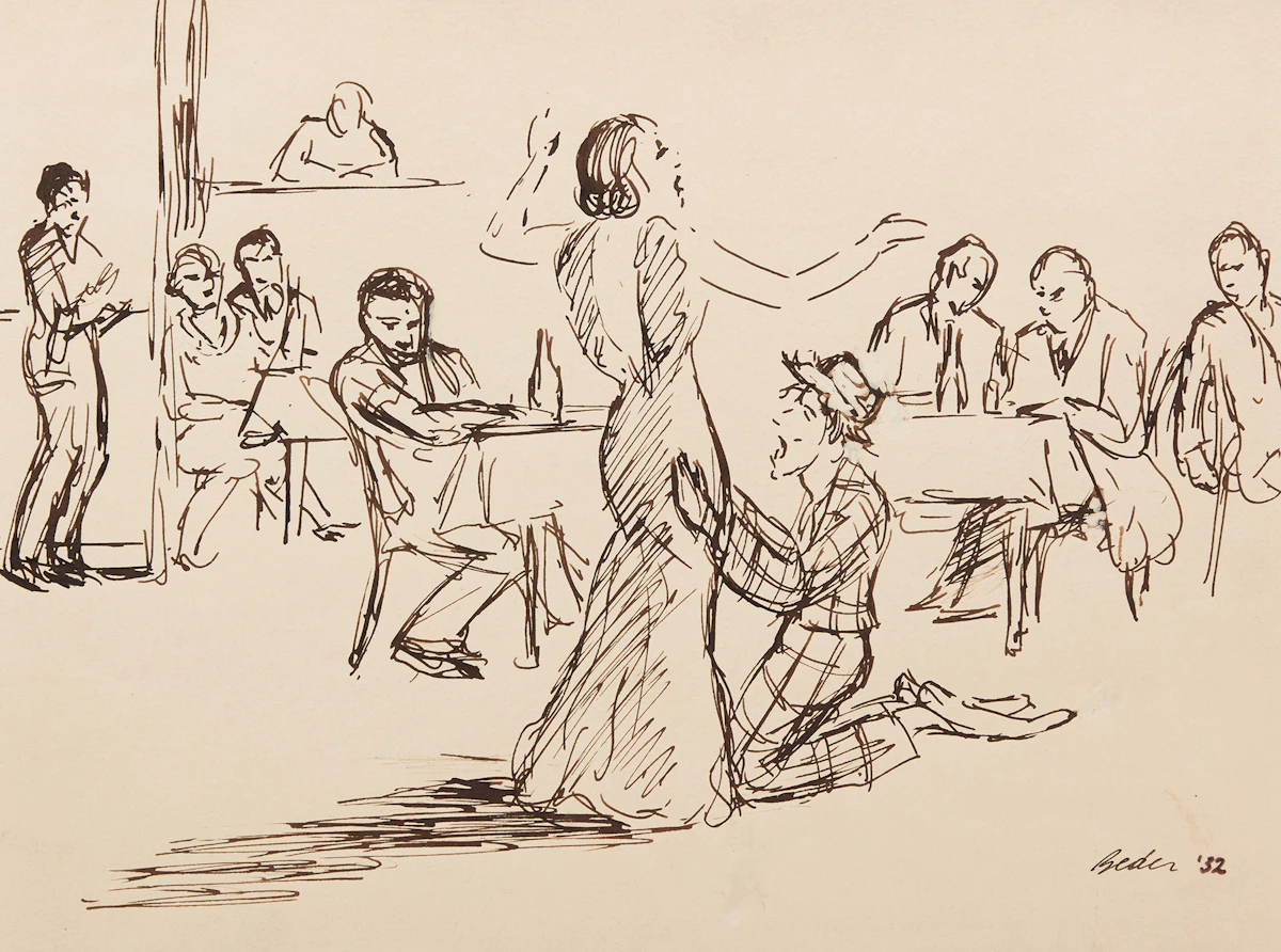 Jack Beder, Singer & Clown, Silver Door Cafe, ink drawing, 1932