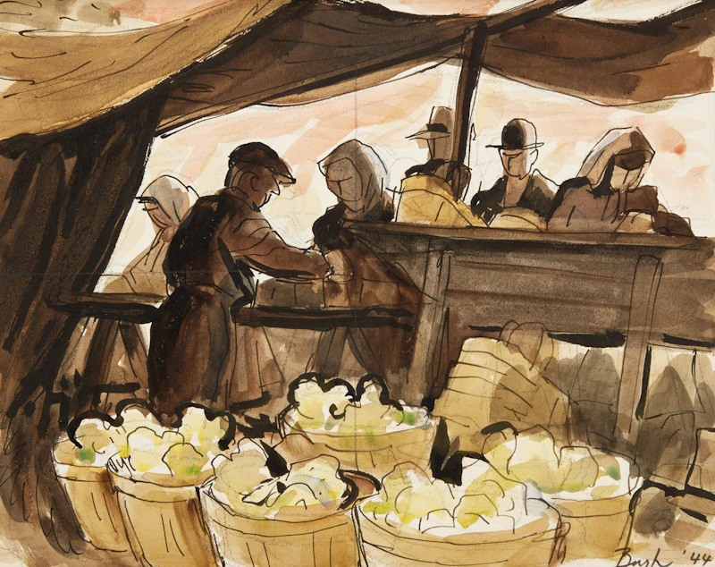 Jack Hamilton Bush, North York Market, watercolour and pen