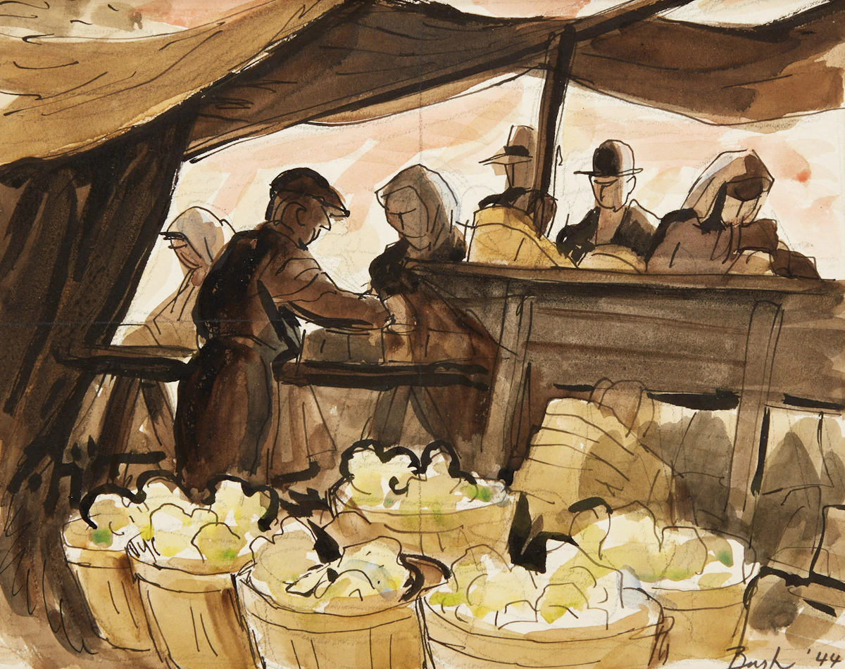 Jack Hamilton Bush, North York Market, watercolour and pen, 1944