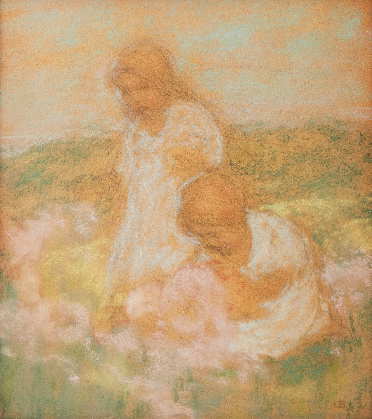 Charles Ernest de Belle, Untitled (Girls Picking Flowers), pastel