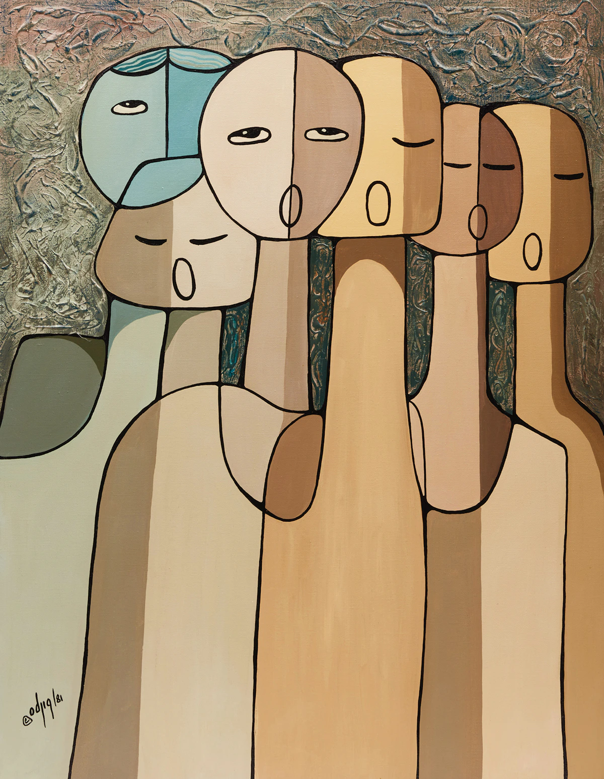 Daphne Odjig, Six Girls Choir, acrylic on canvas, 1981