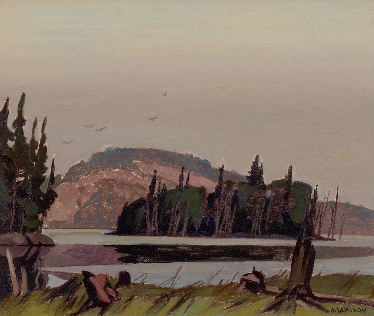 Alfred Joseph Casson, Grey Evening, Lake of Two Rivers, oil on board