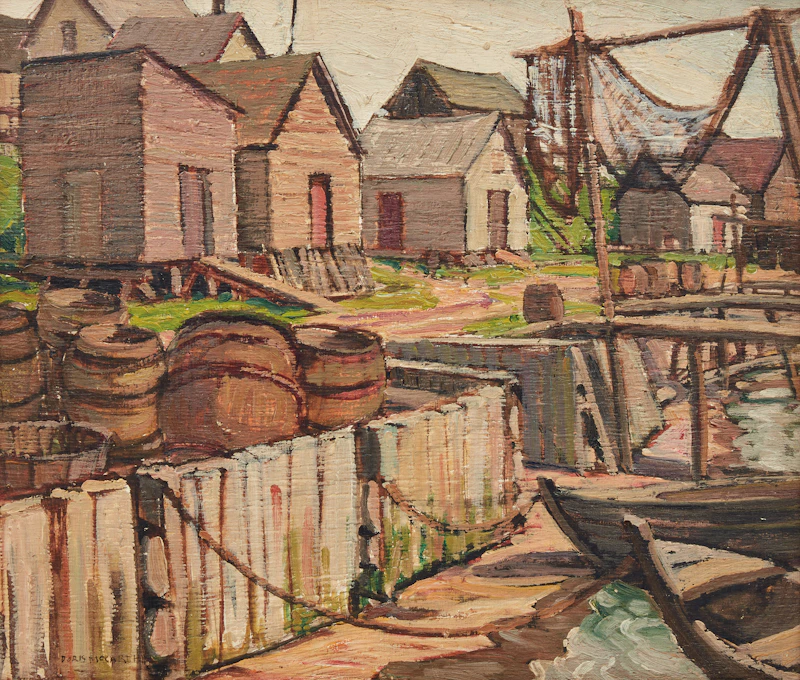 Doris Jean McCarthy, Fishing Village, double-sided oil on board