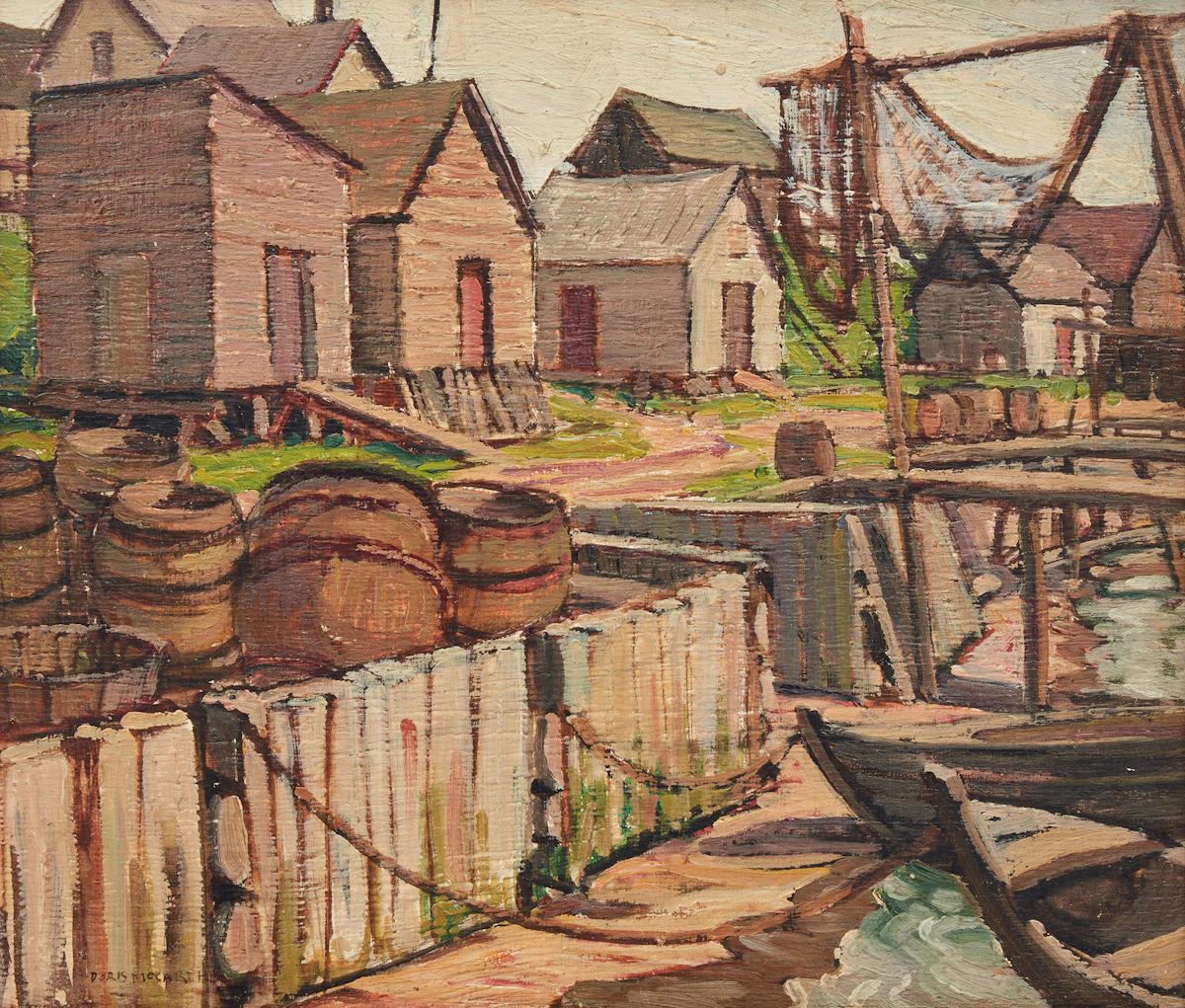 Doris Jean McCarthy, Fishing Village, double-sided oil on board