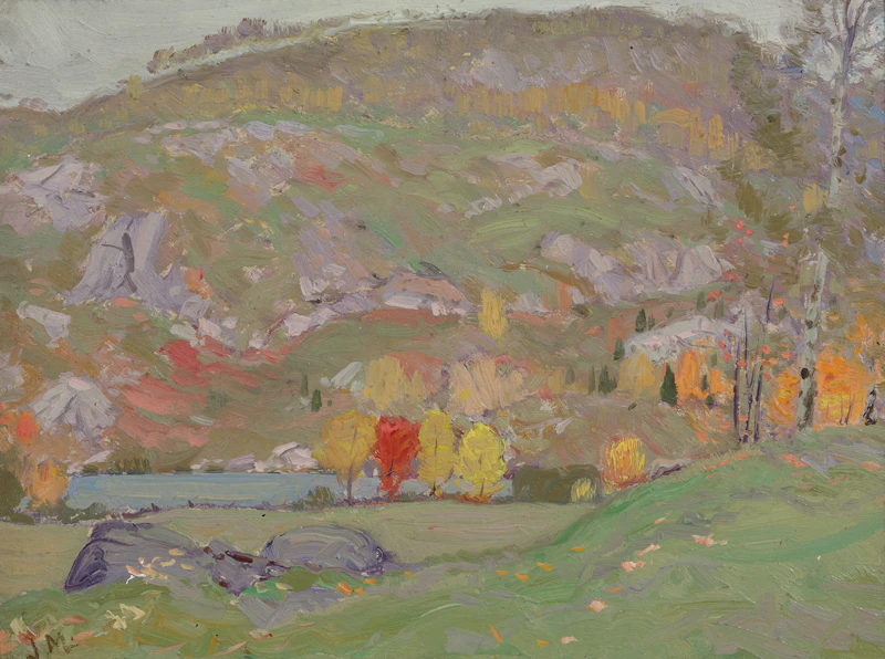 James Edward Hervey MacDonald, Laurentian Hillside, 1913, oil on book binder’s board