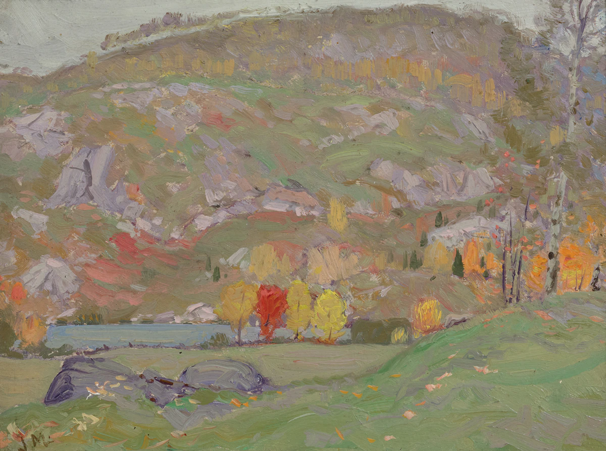 James Edward Hervey MacDonald, Laurentian Hillside, 1913, oil on book binder’s board
