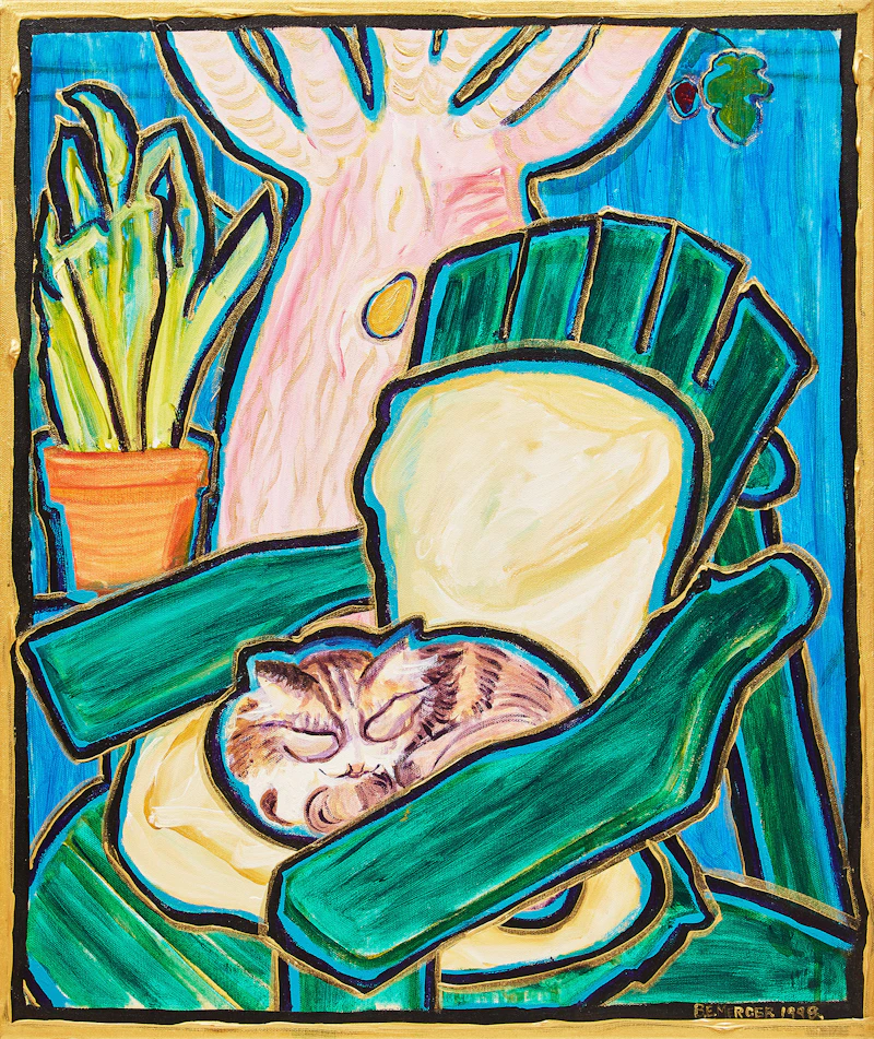 Barbara E. Mercer, My Cat Frigga in the Garden, acrylic on canvas