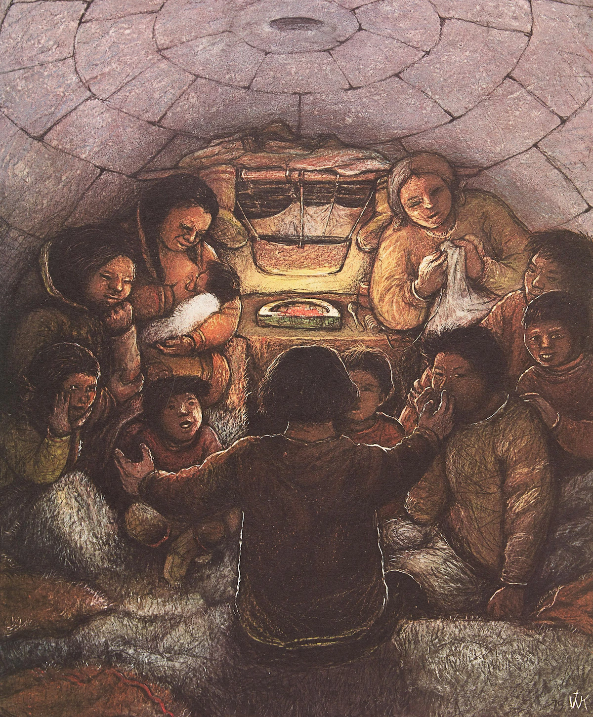 William Kurelek, Story Telling: A Winter Pastime, photolithograph