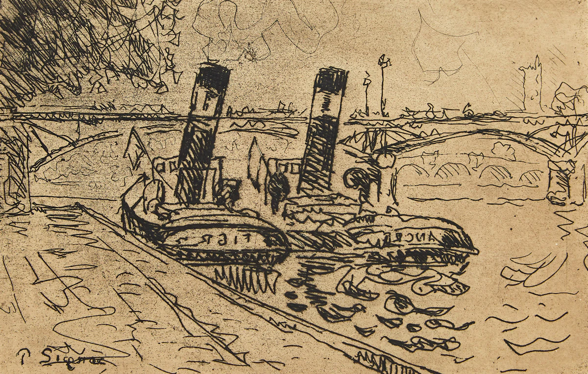 Paul Victor Jules Signac, Paris: le Pont des Arts avec Remorqueurs , etching