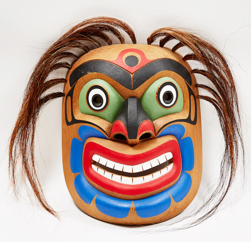 Tony Hunt (Jr.), Kwagiulth, Laughter Mask, painted and carved wood mask with hair inserts