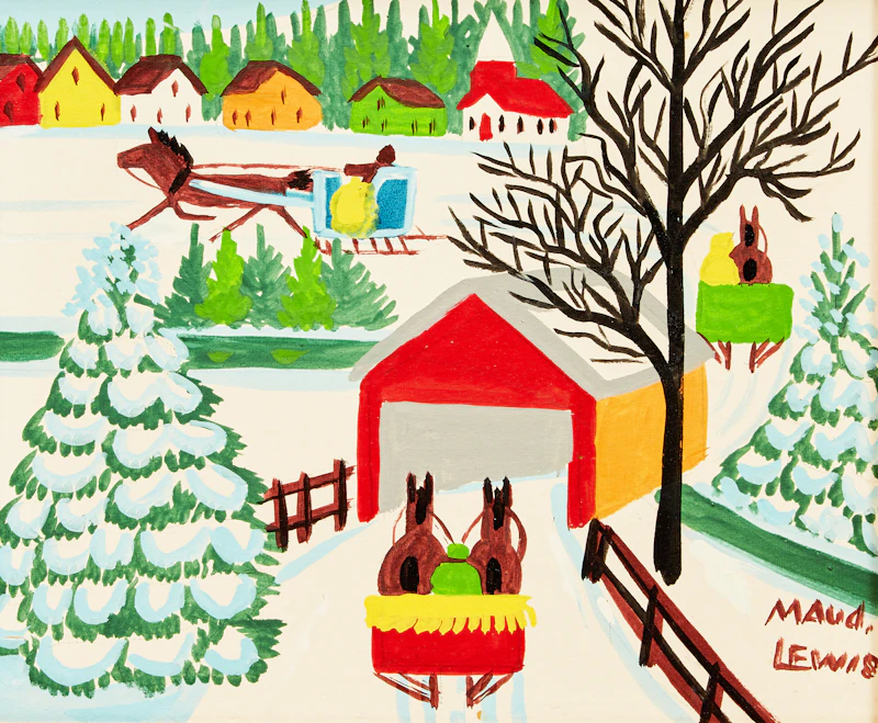 Winter Sleighing Scene with a Covered Bridge by Maud Lewis