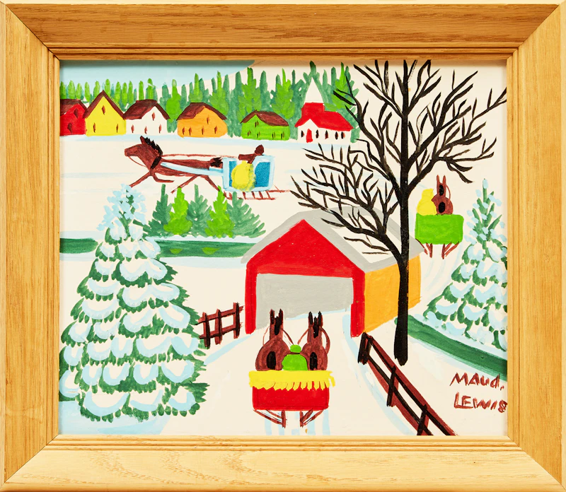 Maud Lewis, Winter Sleighing Scene with a Covered Bridge, mixed media on board, August 1966 - view 2