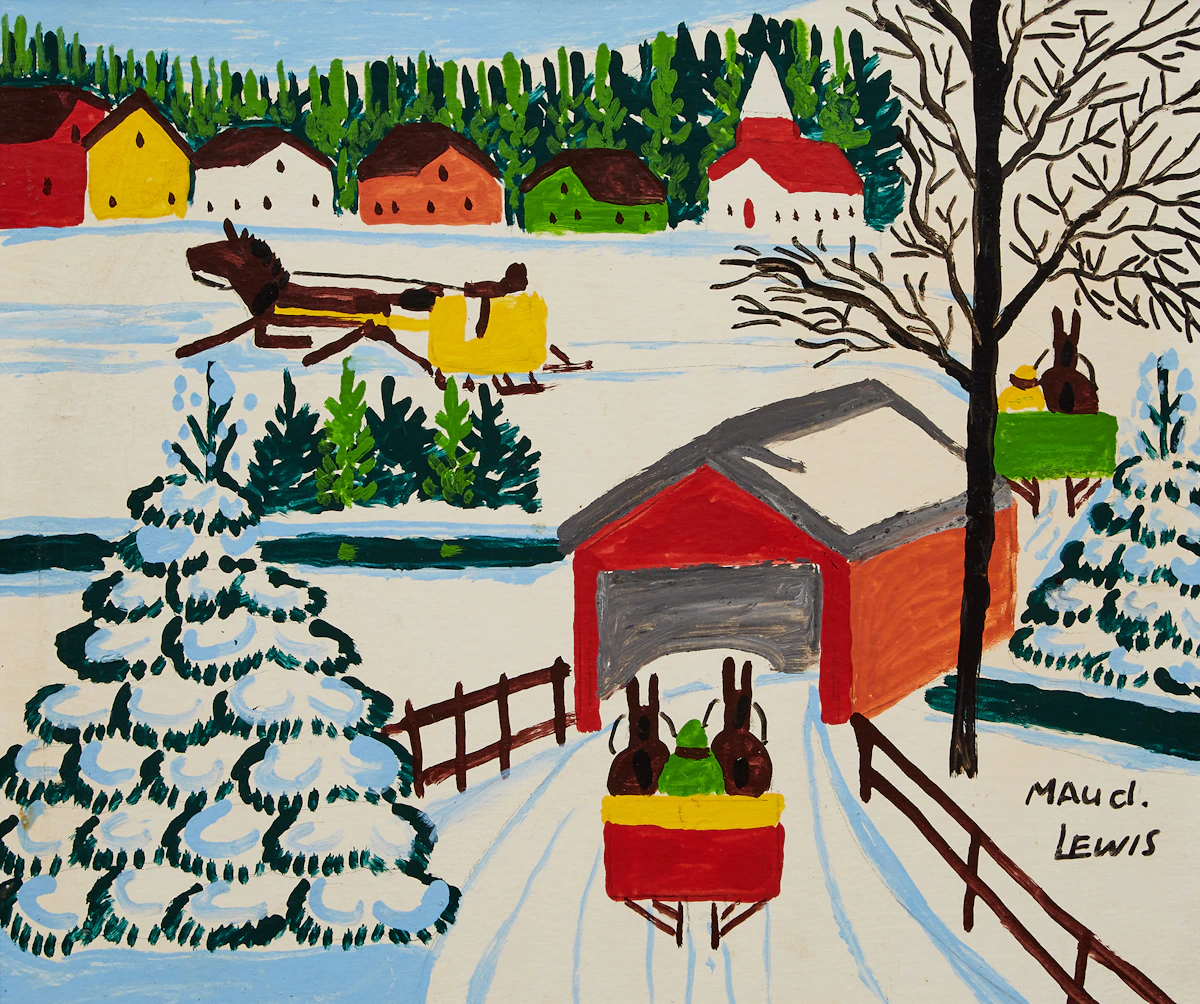 Maud Lewis, Sleighs and Covered Bridge, mixed media on board